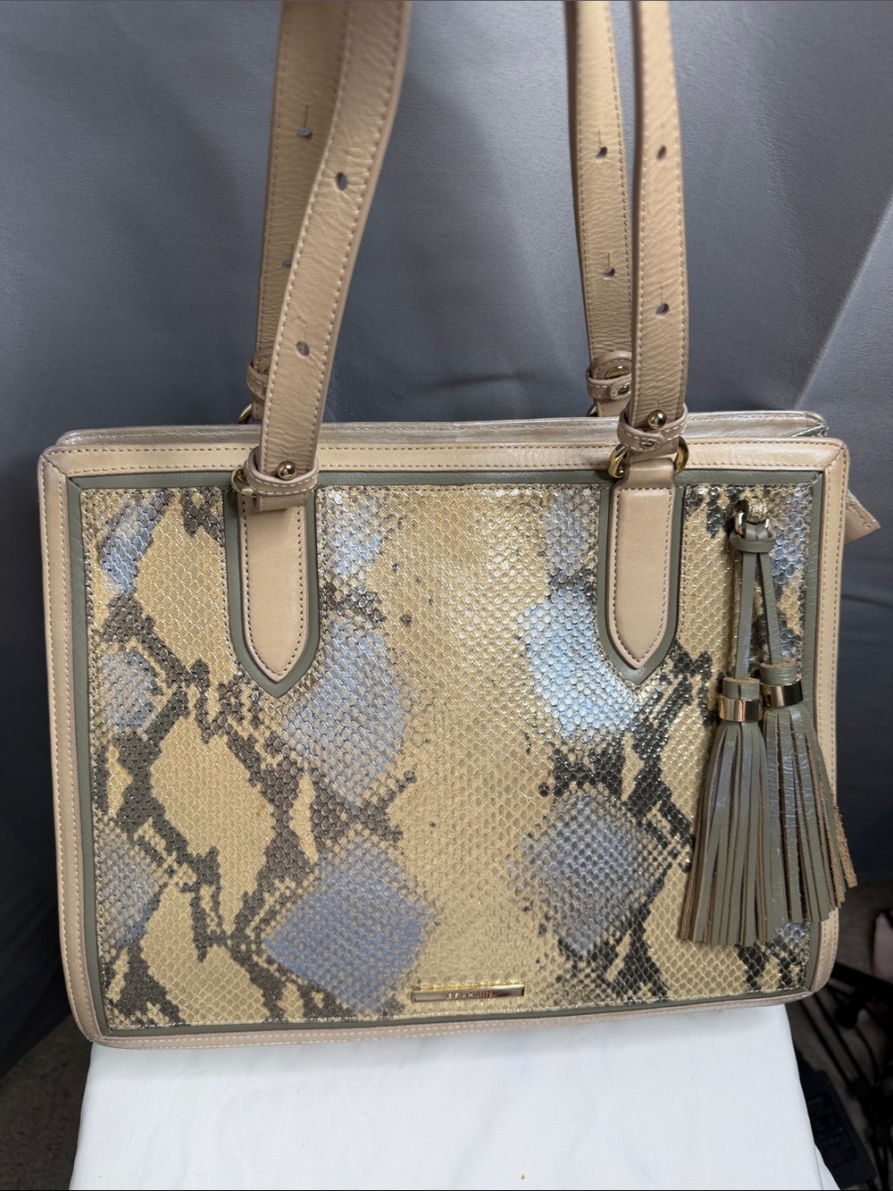 Brahmin Beige and Blue Snakeskin-Print Tote with Tassel